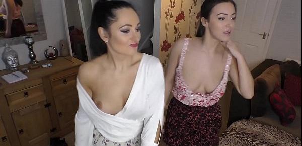  Busty brunette babes shaking and teasing with big tits